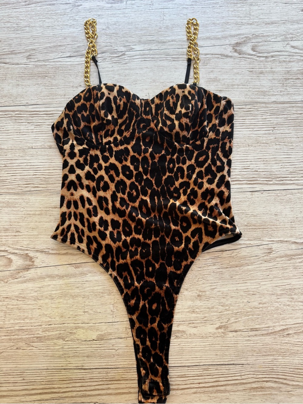 Kaylee Kollection Leopard Print Chain Strap Bodysuit S - Picture 2 of 13
